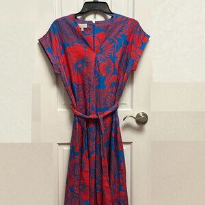 HOBBS London Red + Blue Floral Dress with Tie Belt US 6 100% Flax Linen- Pockets